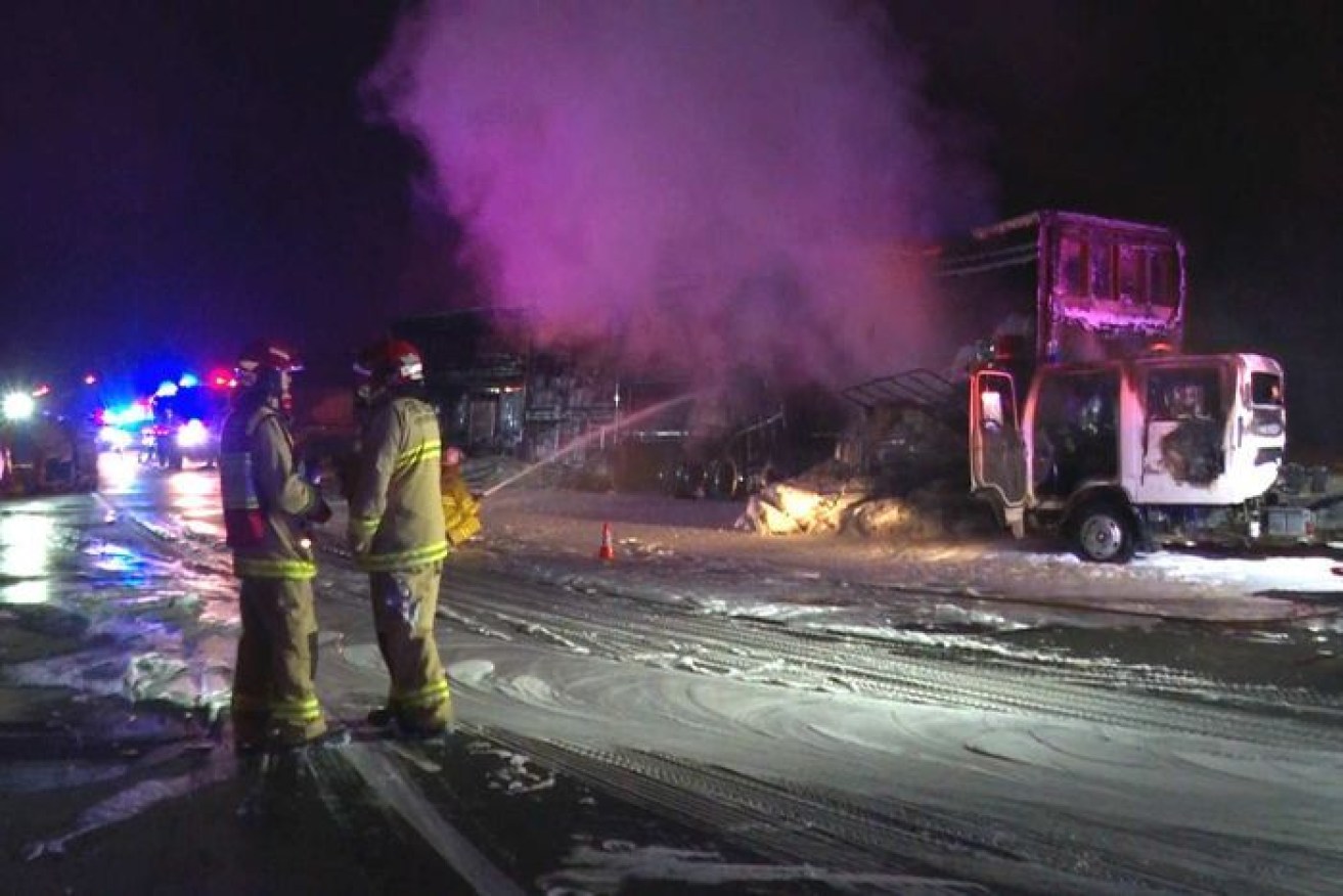 A fiery crash involving four trucks has closed the M1 north of Sydney and five men have been taken to hospital.