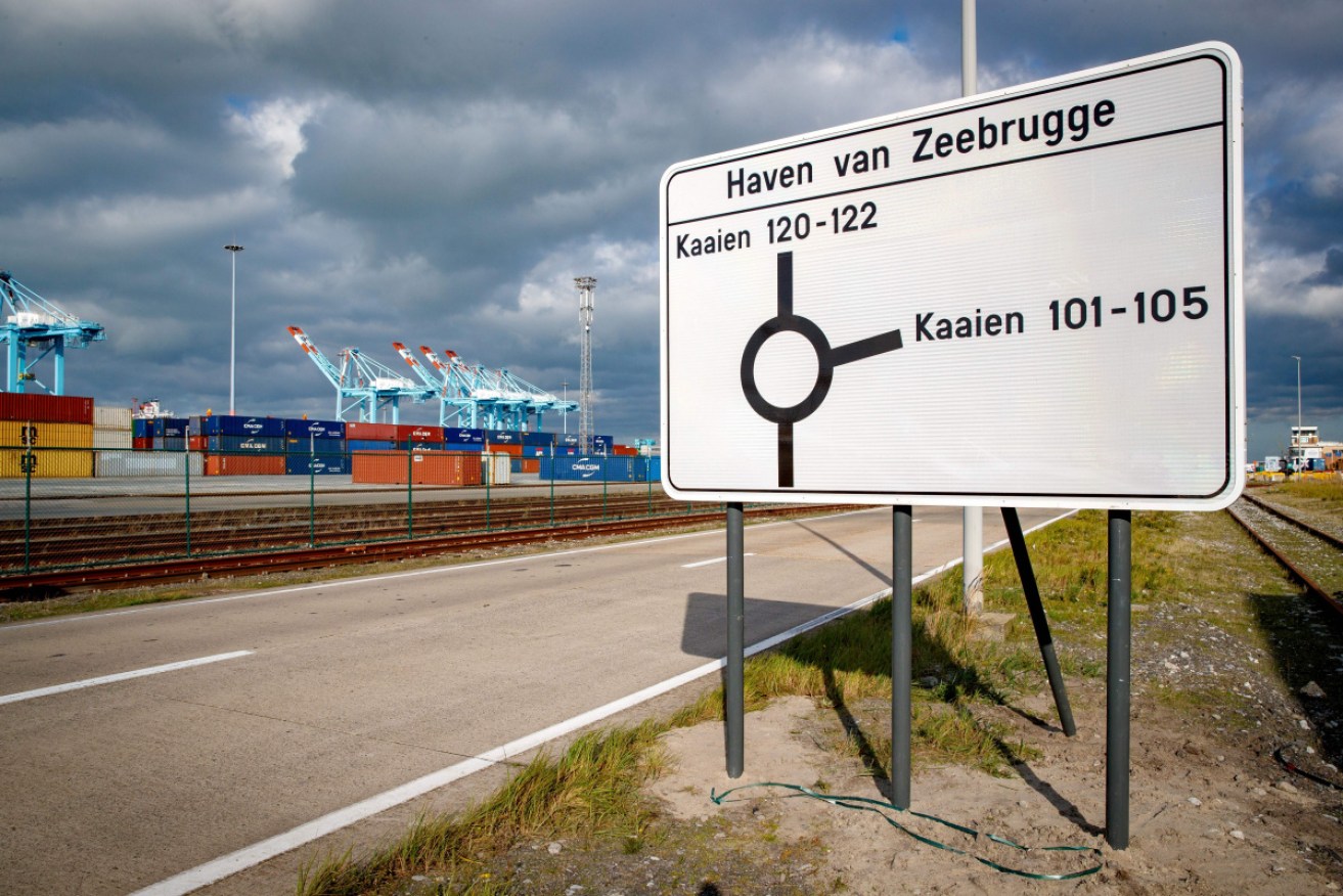 Traffic signs at the Belgian port of Zeebrugge, where it's believed migrants travelled in a truck to cross to the UK.