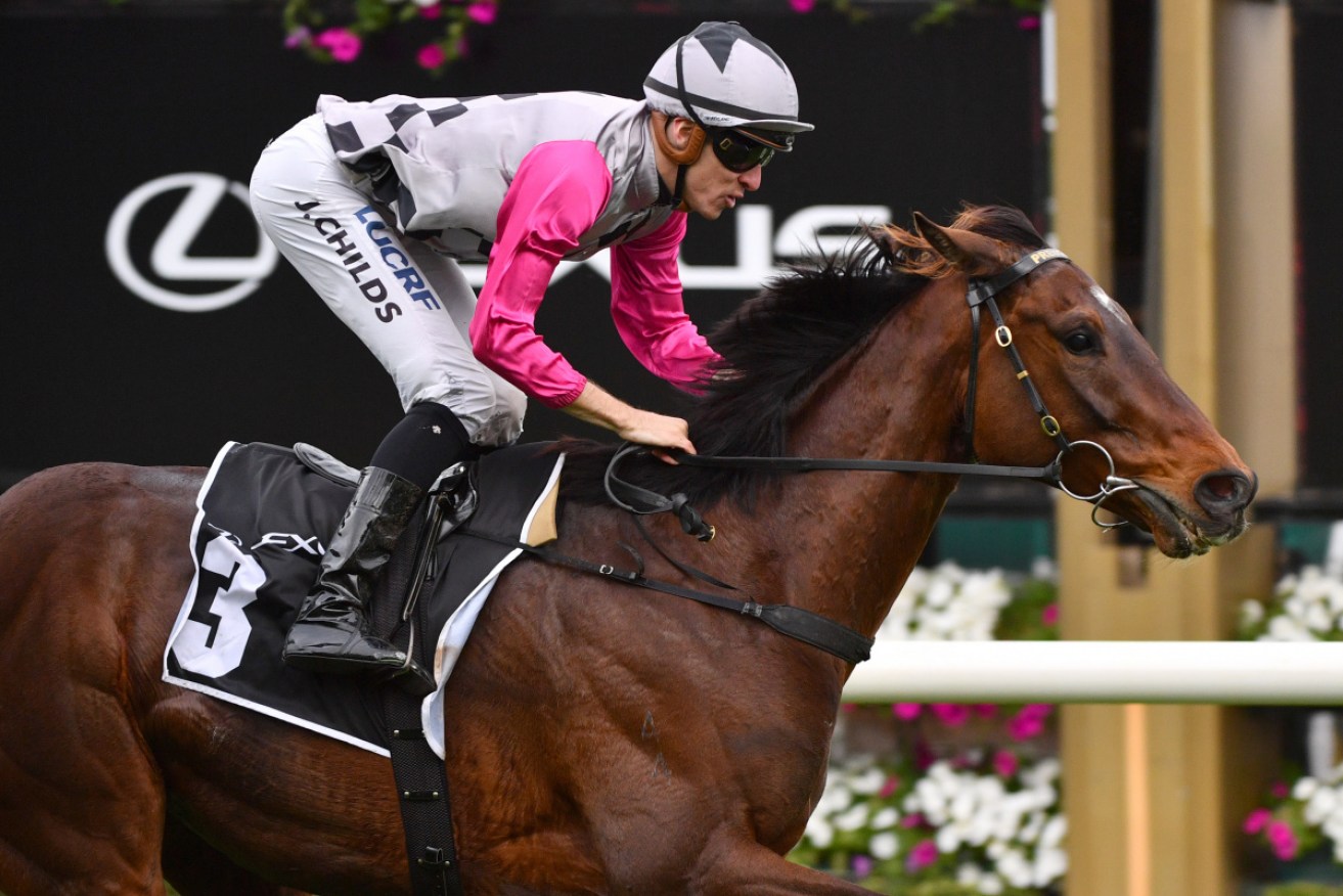 Jordan Childs rides Surprise Baby to win the Lexus Bart Cummings race on Turnbull Stakes Day. 