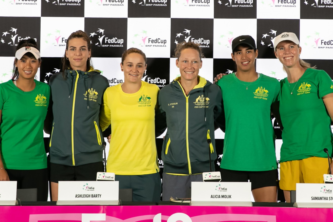 Fed Cup hopefuls: Team Australia (L-R) Priscilla Hon, Ajla Tomljanovic, Ash Barty, Sam Stosur, Astra Sharma and Alicia Molik pose for a photo during a Fed Cup press conference in Perth. 