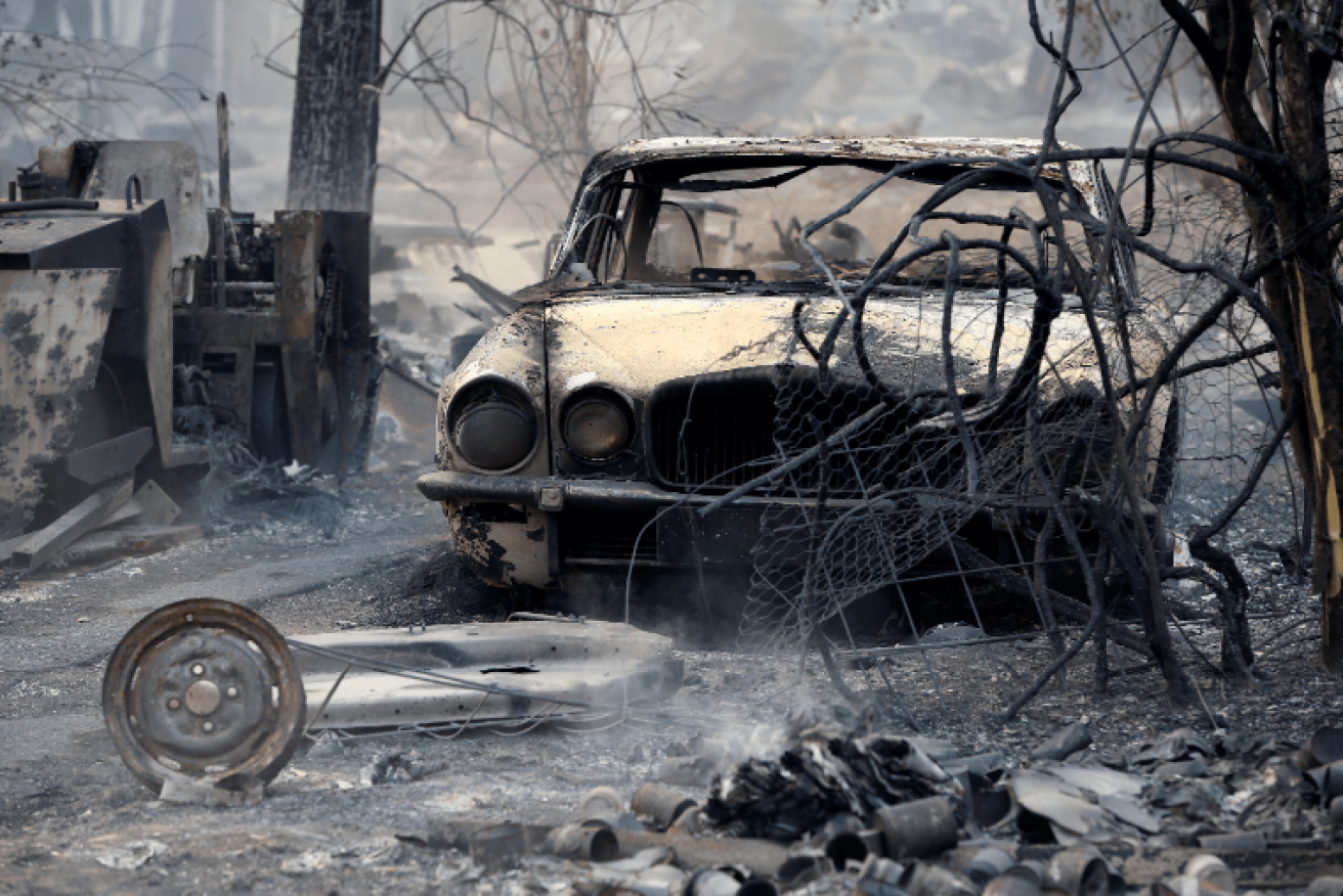 All that is left of  classic Jaguar in the charred desolation near Taree.