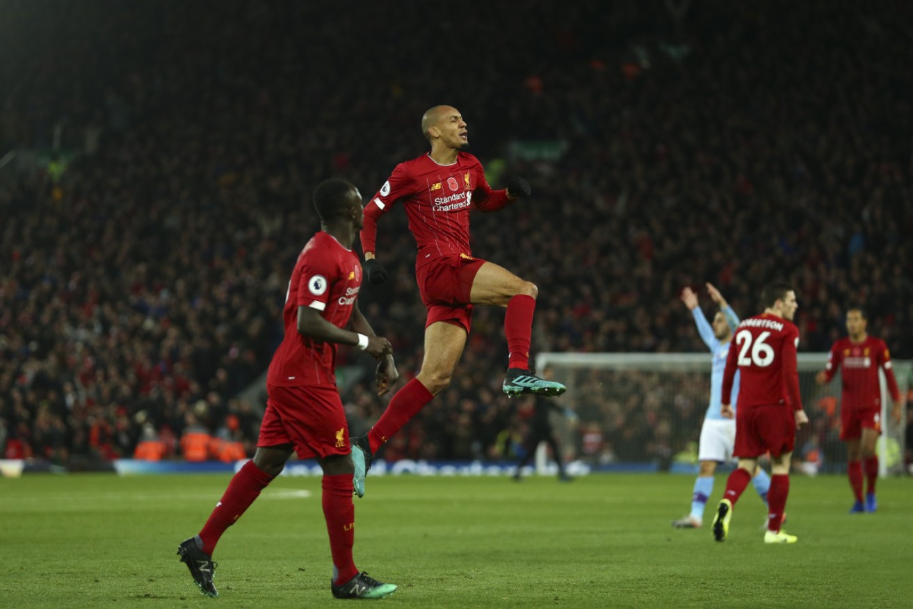Liverpool's Fabinho celebrates scoring the opening goal against Manchester City 