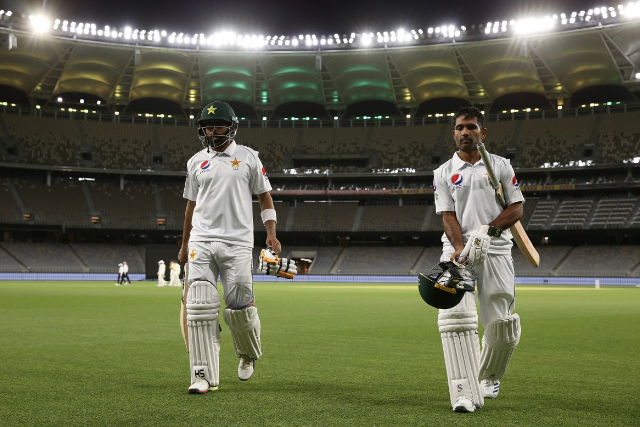 Babar Azam and Asad Shafiq at stumps during the tour match between Australia A and Pakistan.