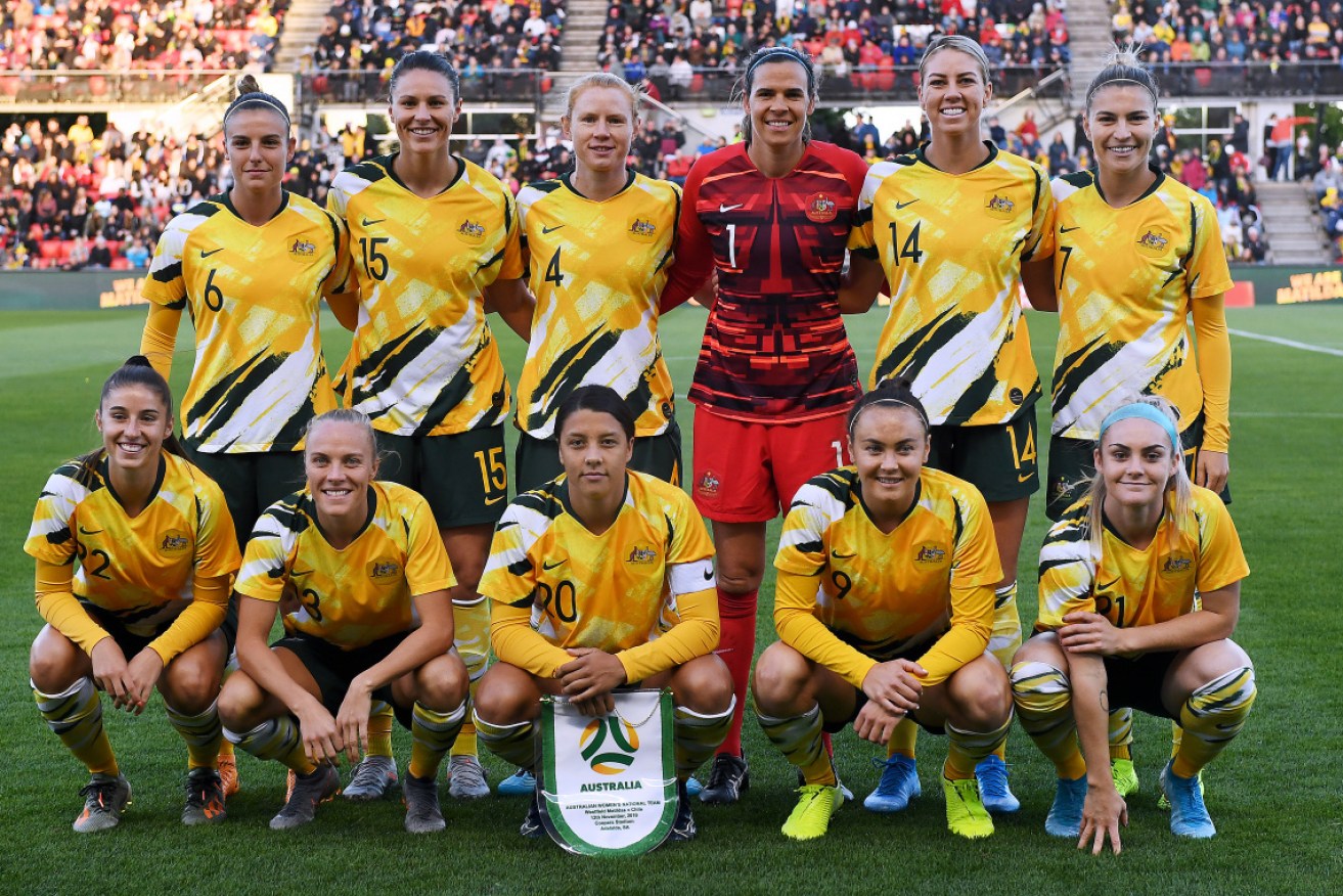 The Matildas line-up for the match against Chile.
