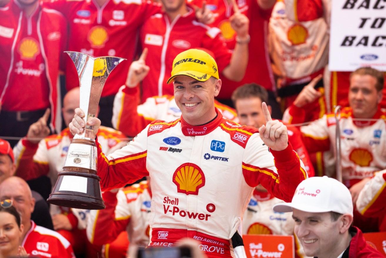 Scott McLaughlin enjoys his back-to-back Supercars championship win in Newcastle on Sunday. 