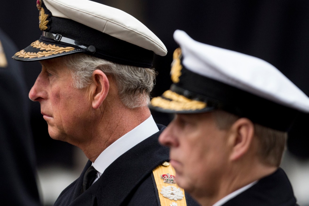 Prince Charles and Prince Andrew at a Remembrance Day service in London in 2014.