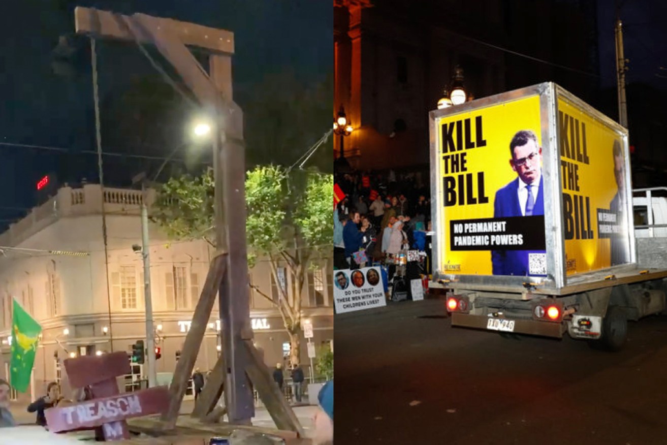 Anti-vax extremists erected this gallows and noose outside the Victorian parliament during Monday night's protest.