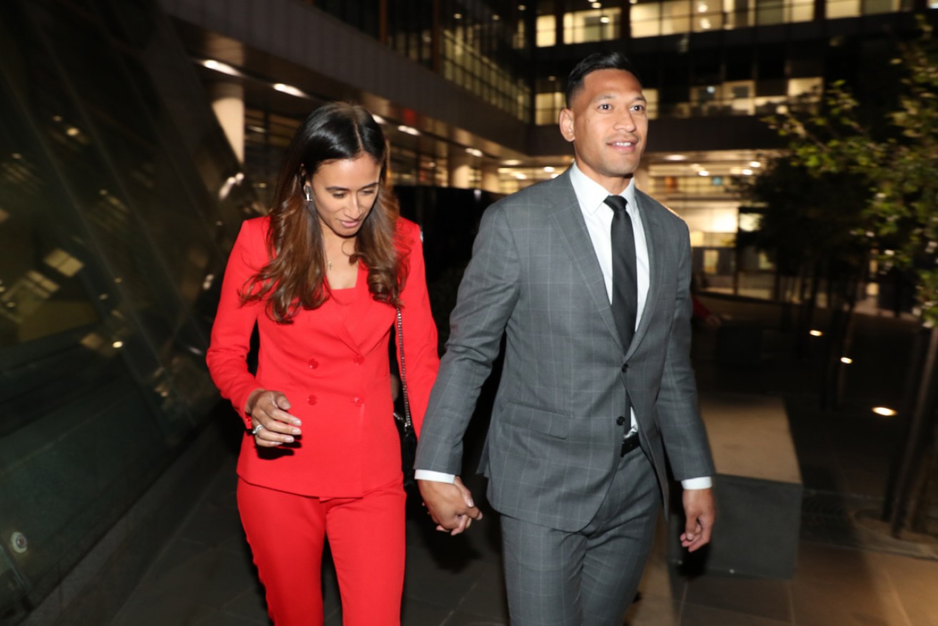 Israel Folau and his wife Maria leave the Federal Court in Melbourne after Monday's marathon talks with Rugby Australia in 2019.