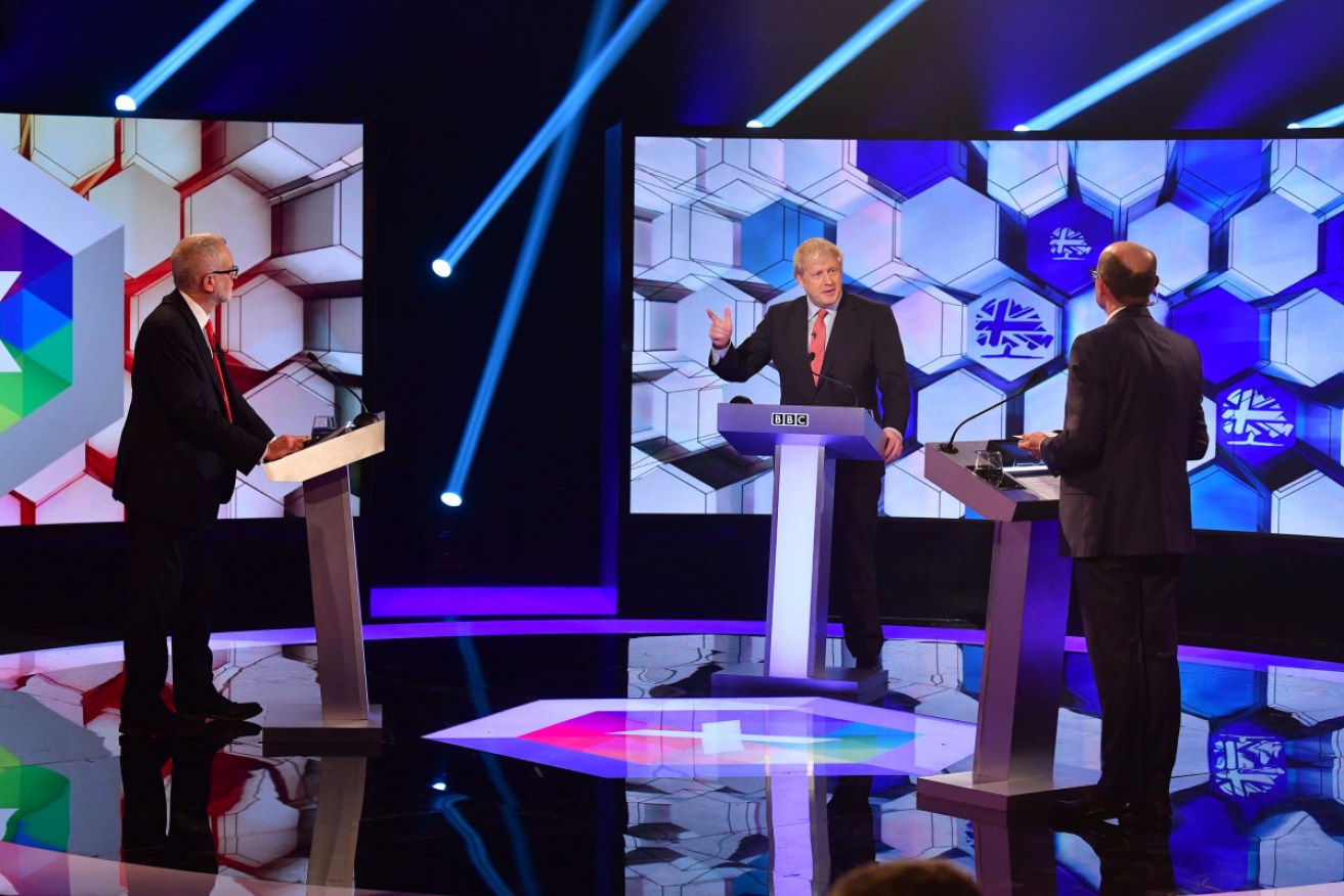 UK PM Boris Johnson and opposition Labour leader Jeremy Corbyn in a BBC TV debate in Maidstone, Kent in the UK.