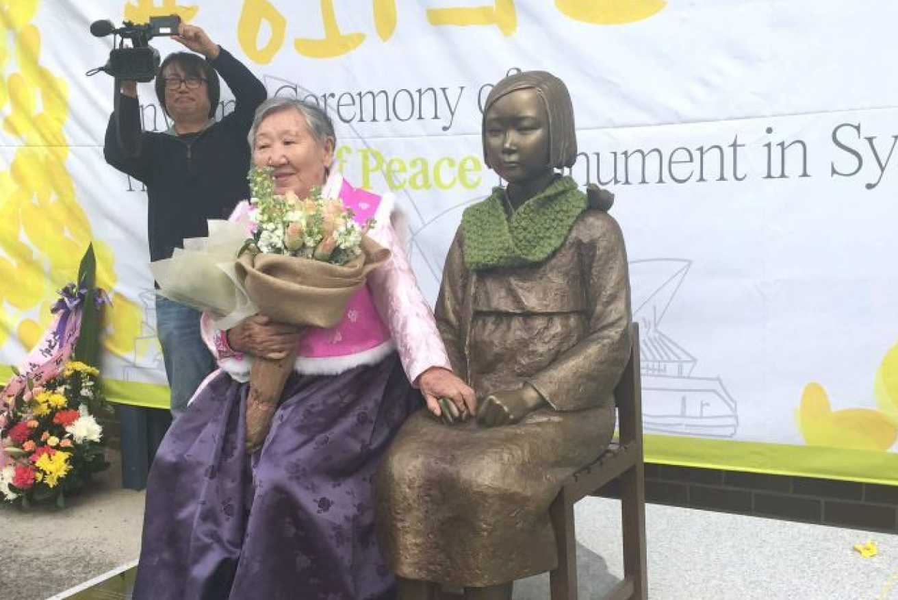 Former comfort woman Won-Ok Gil, 89, who was raped by hundreds of Japanese troops, helped unveil this memorial at an Ashfield, Sydney, church in 2016.
