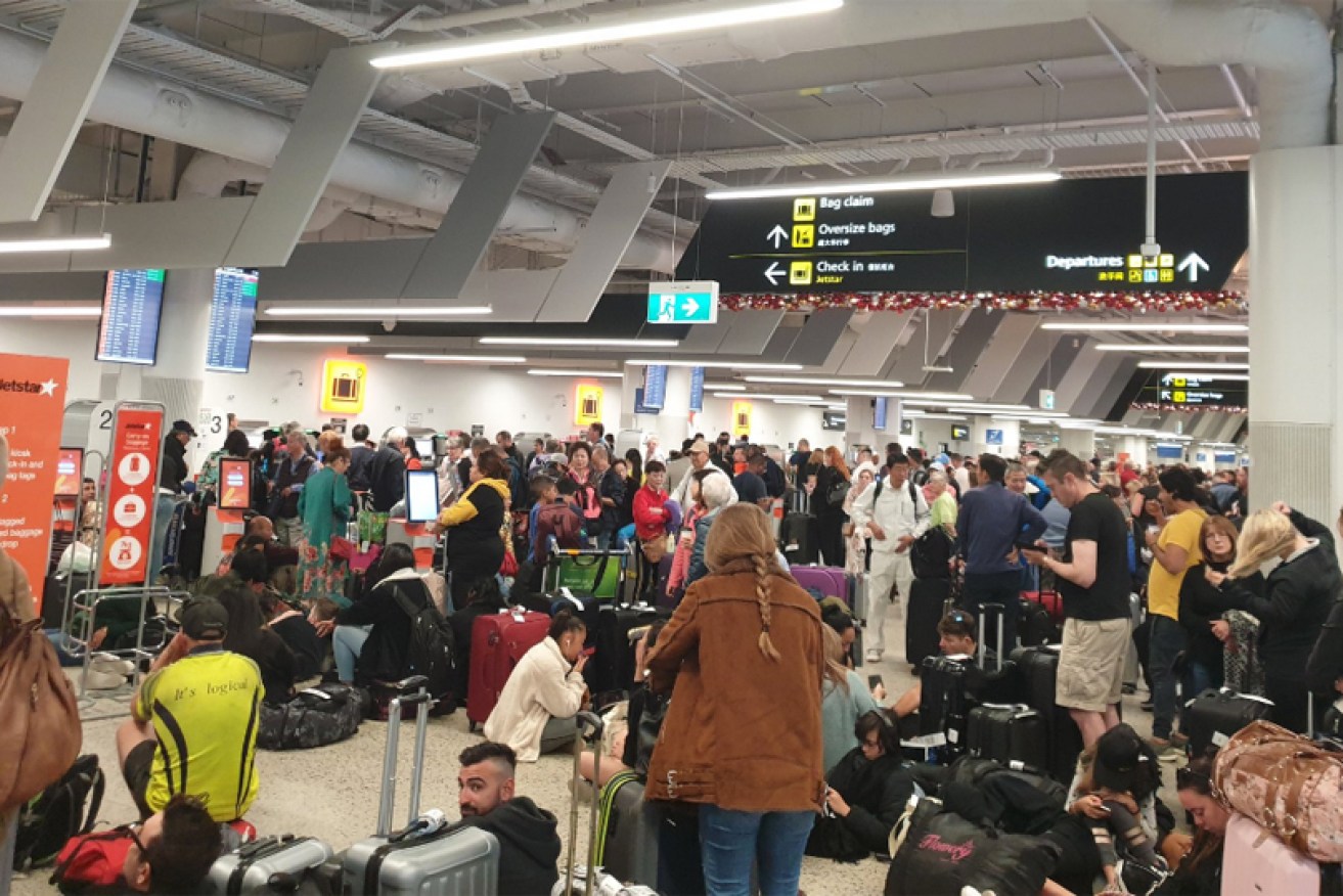 The scene at Jetstar's check-in in Melbourne on Tuesday morning.