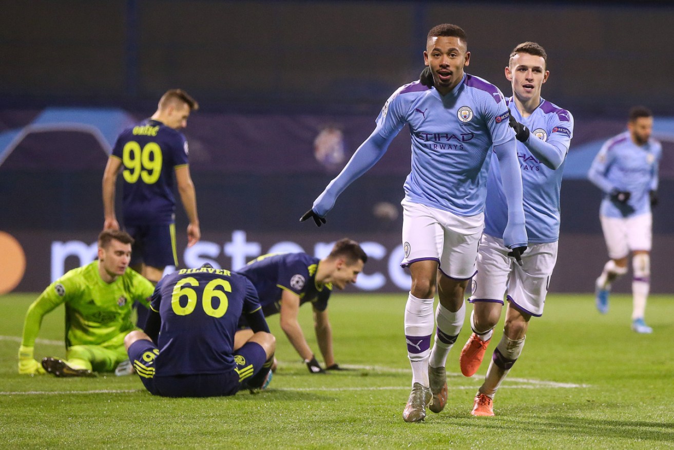 Gabriel Jesus celebrates a goal for  Manchester City against Dinamo Zagreb.