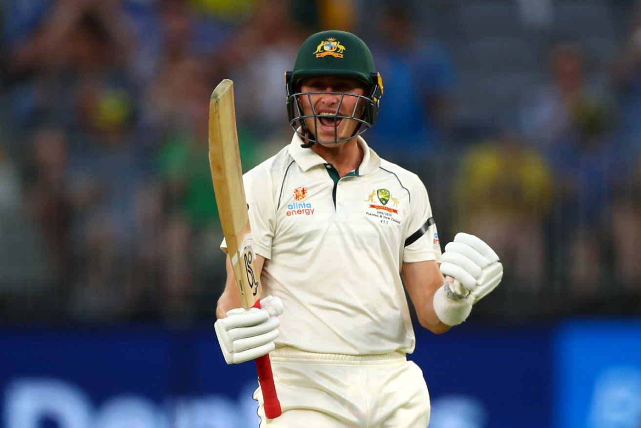 Marnus Labuschagne revels in his third consecutive Test century on Thursday in Perth. 