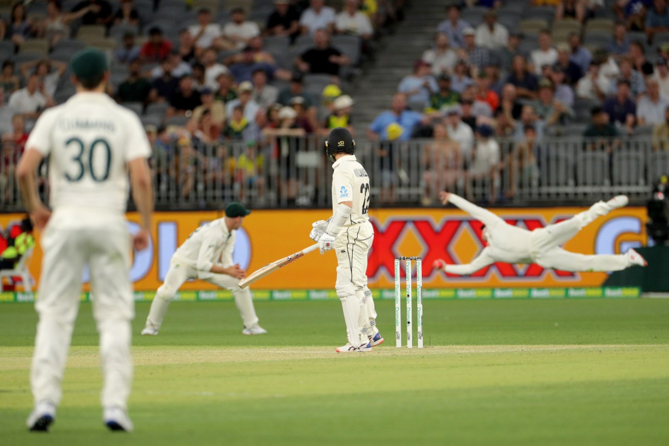 A wide shot of Steve Smith's brilliant slips catch on Friday night. 