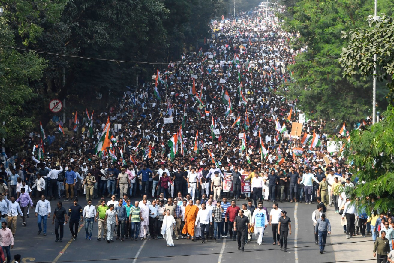 A mass rally in Kolkata  protests against the Indian government's Citizenship Amendment Act (CAA) on Monday.  