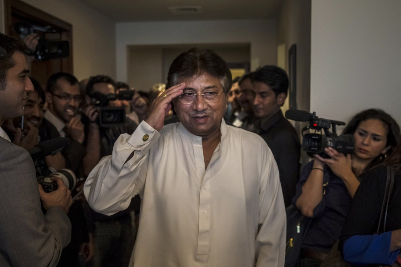 Former Pakistani president Pervez Musharraf in March 2013 salutes after four years of self-imposed exile. 