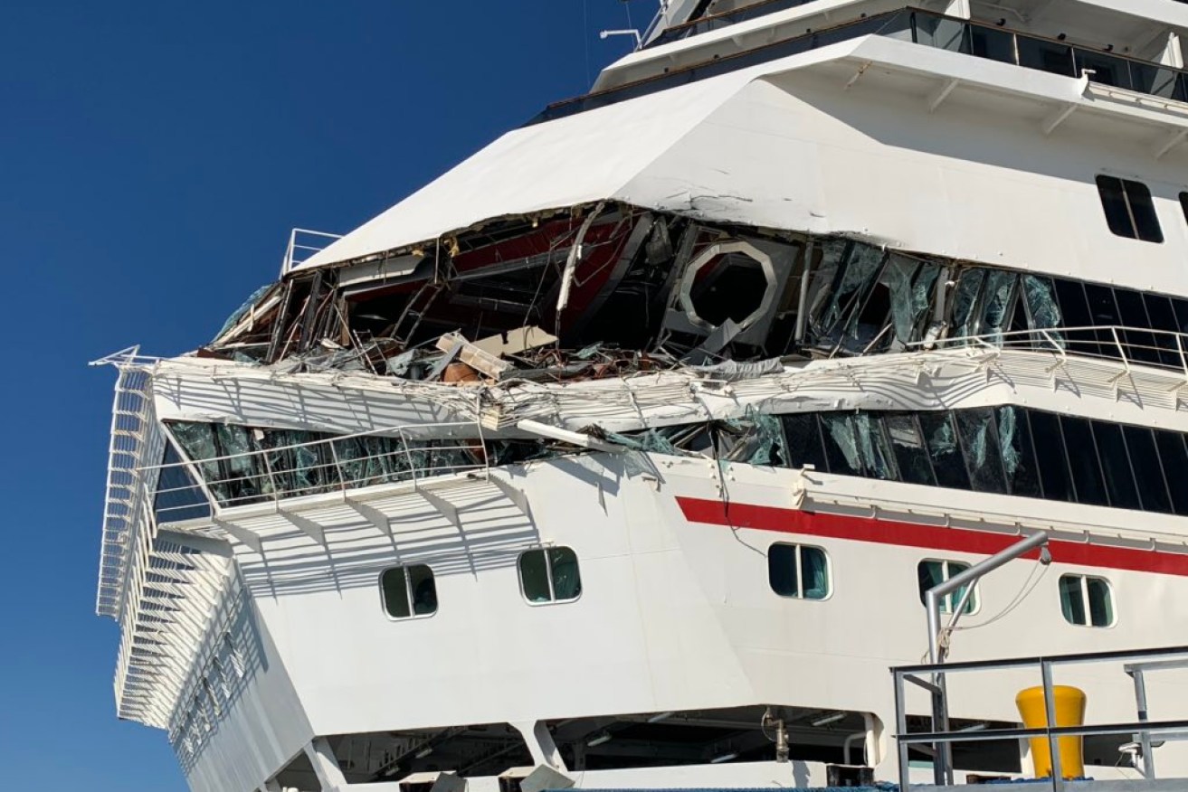 Damage to a carnival cruise ship which collided off Mexico. 