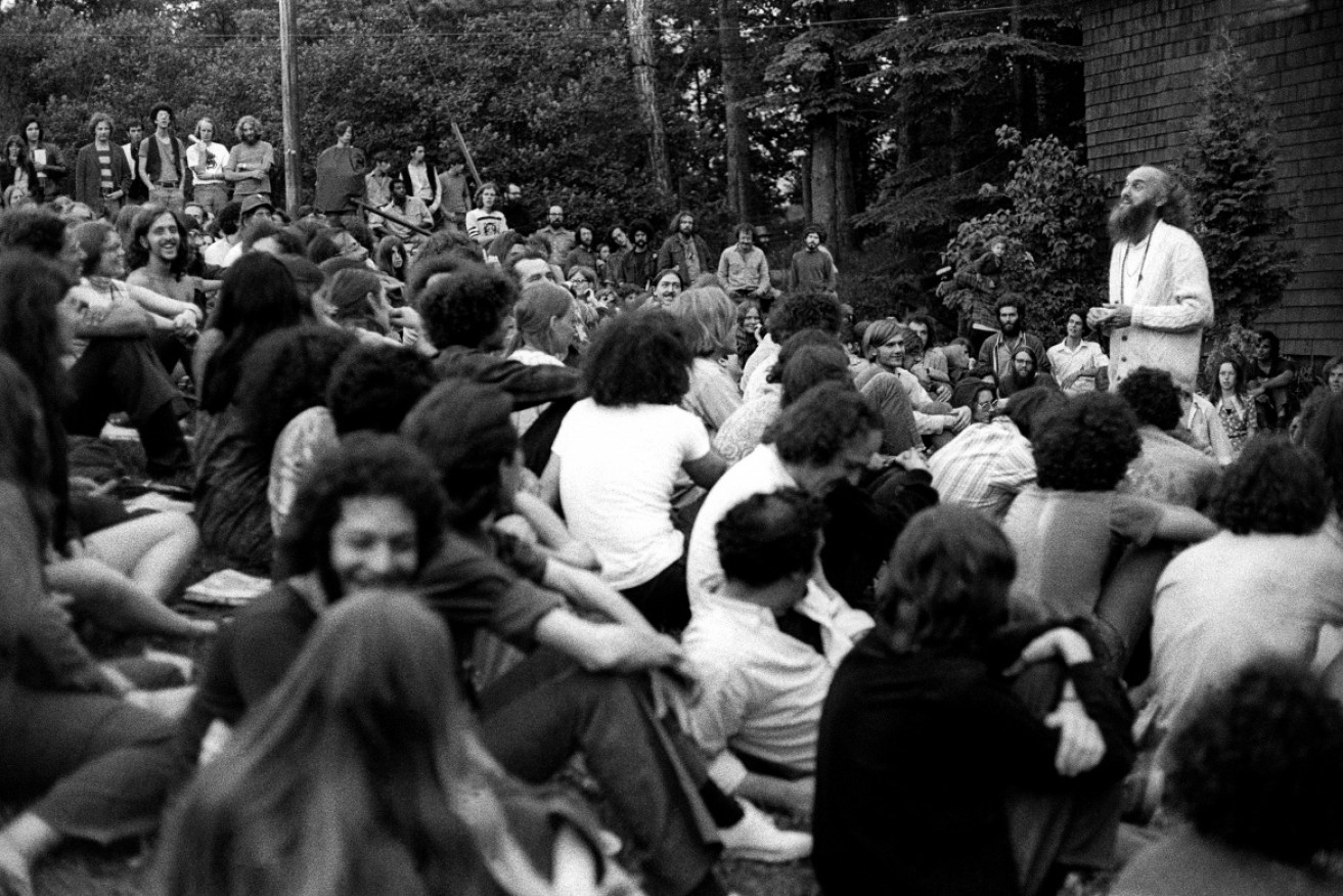 American spiritual teacher Baba Ram Dass (Richard Alpert) speaks at the Alternative Media Conference in June 1970 in Vermont. 