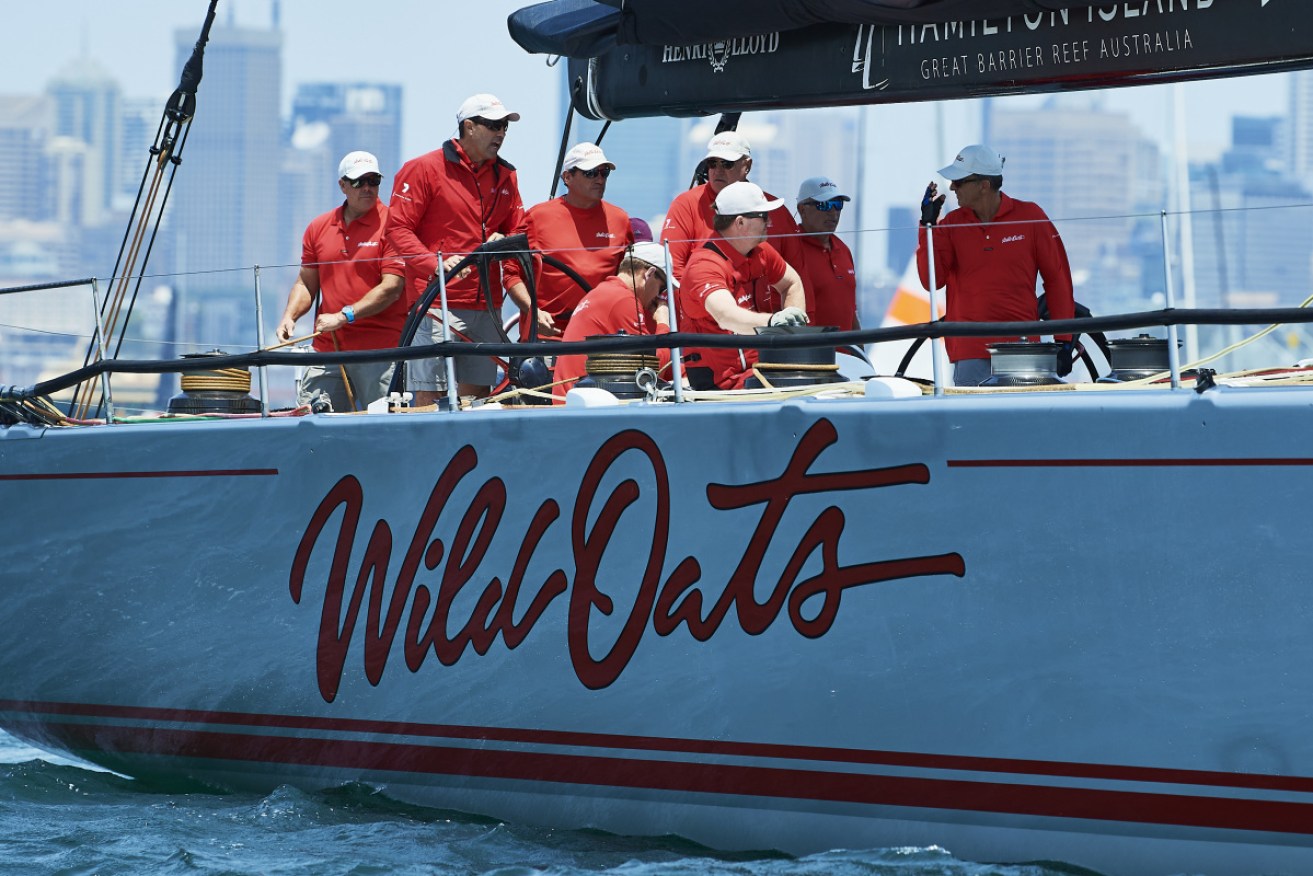 The crew of Wild Oats XI ahead of the Sydney to Hobart start on Sydney harbour. 