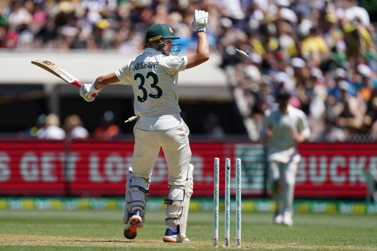 Marnus Labuschagne loses his wicket after a sparkling 63. Photo: AAP