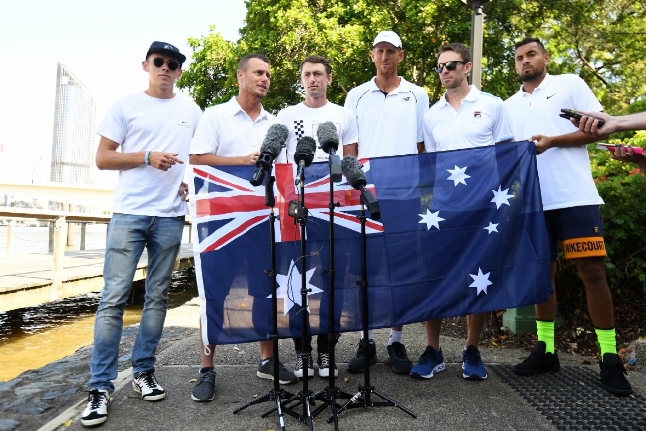 Australia's ATP Cup team (L to R) Alex De Minaur, captain Lleyton Hewitt, John Millman, Chris Guccione, John Peers and Nick Kyrgios in Brisbane. <i>Photo: AAP</i>