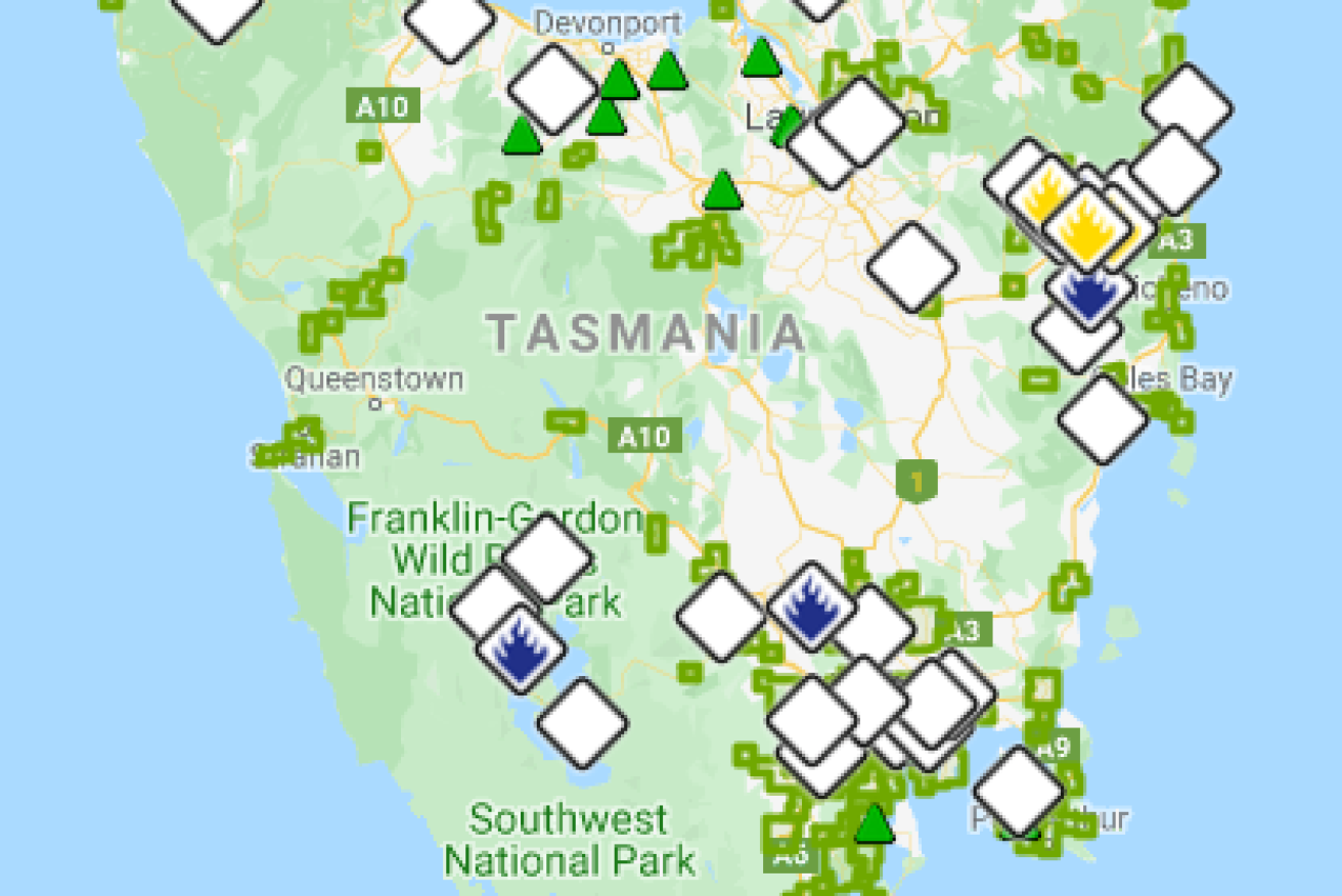 Tasmania's hotspots as charted on Sunday afternoon.