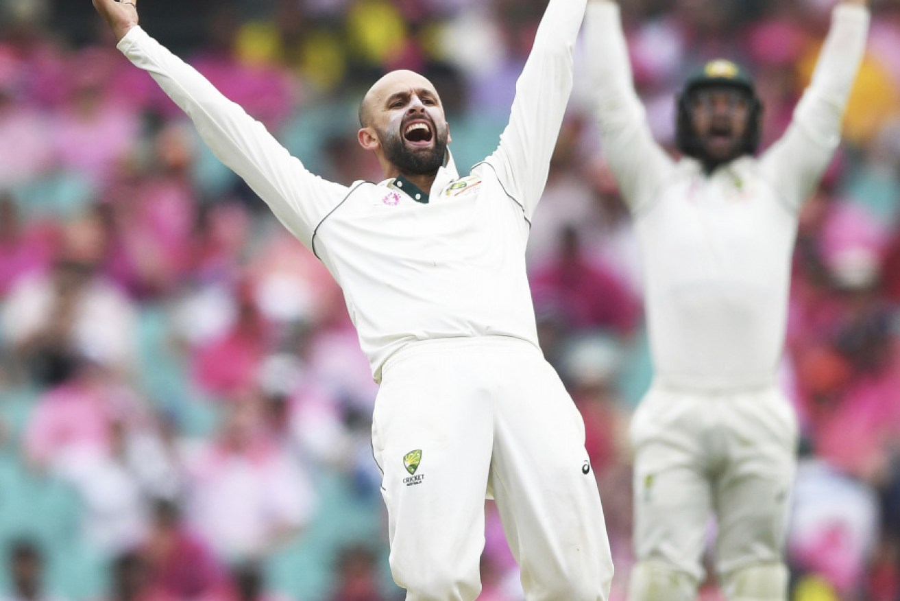 Nathan Lyon celebrates his five-wicket haul at the SCG. 