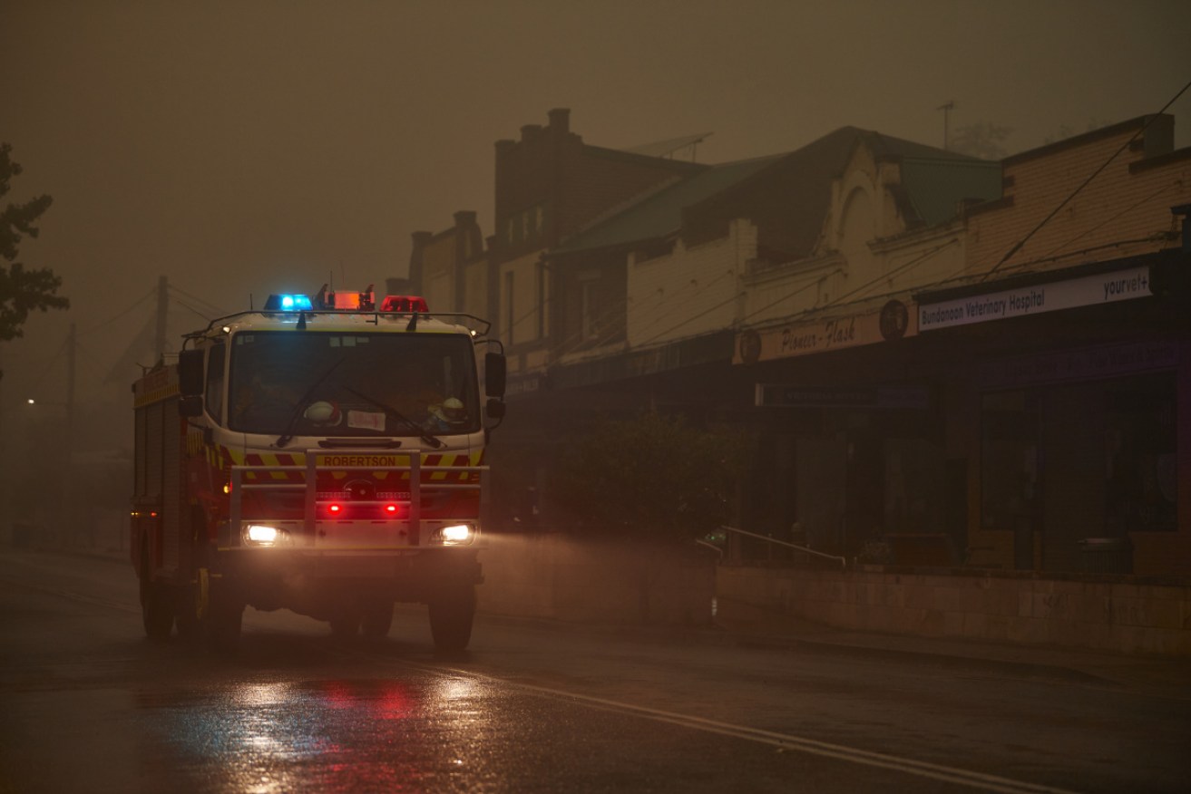 An RFS truck travels through town as rain begins to fall on January 05, 2020 in Bundanoon, NSW.