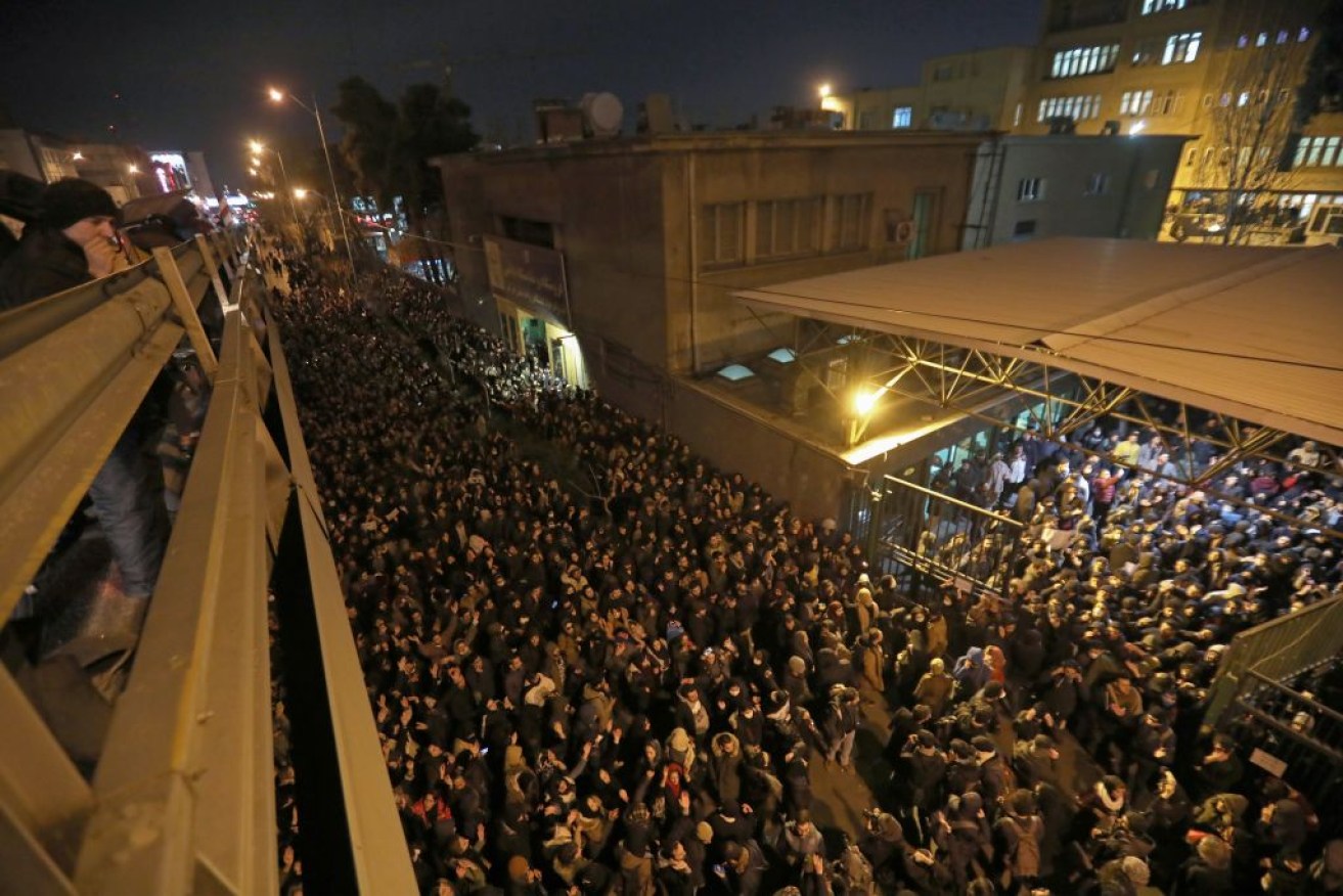 Iranian students demonstrate following a tribute for the victims of Ukraine International Airlines Boeing 737.