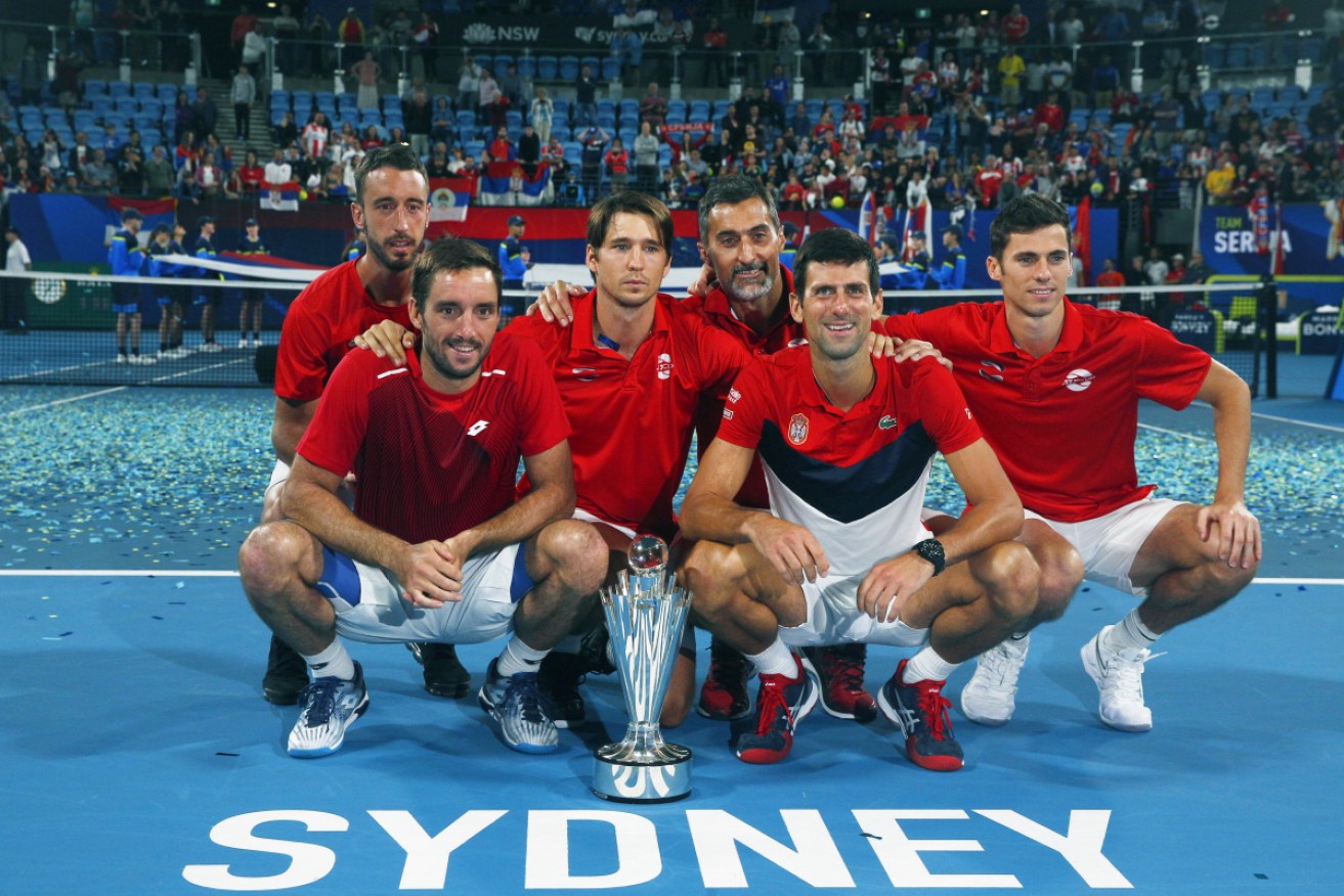 The victorious Serbians after their ATP Cup triumph.