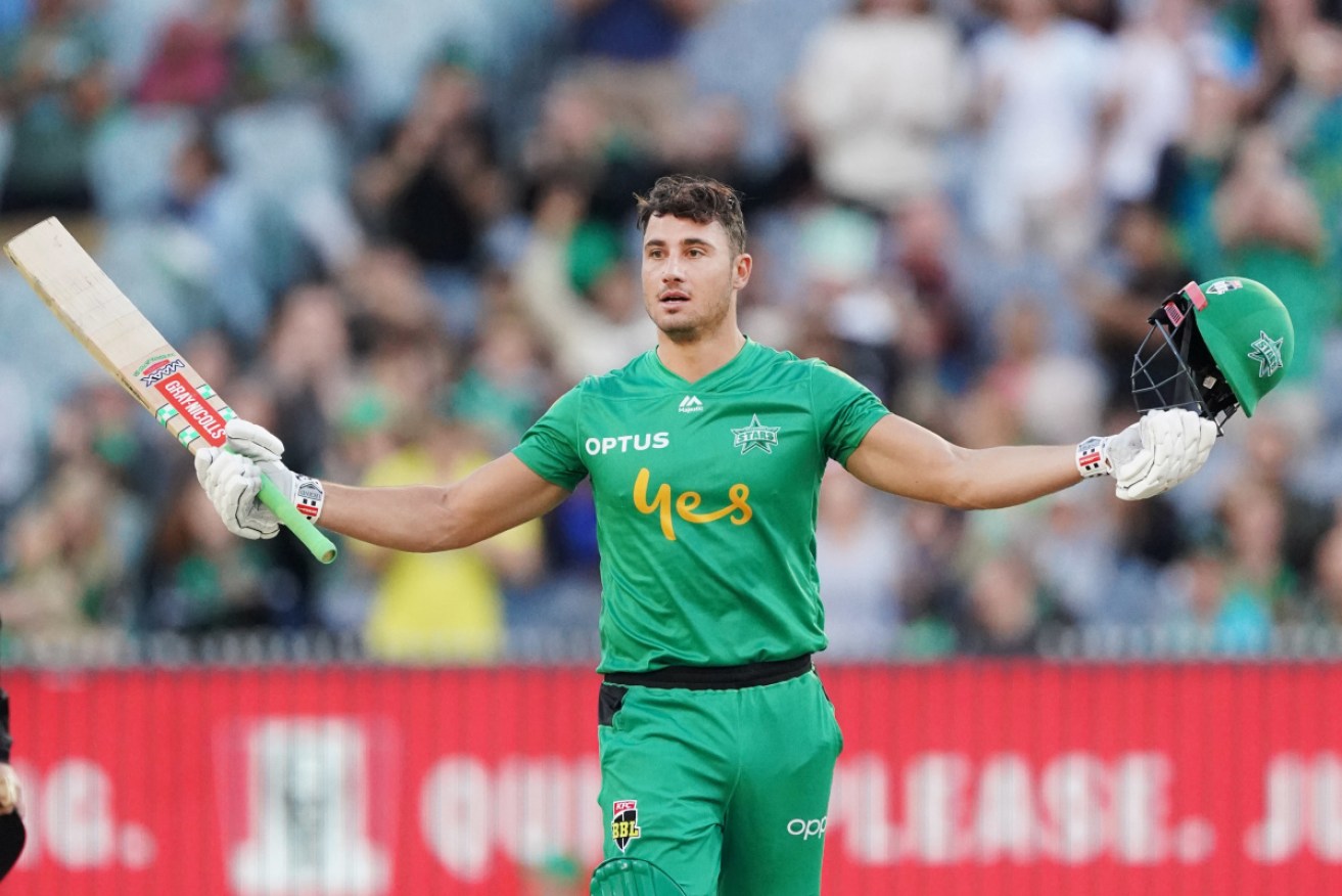 Marcus Stoinis of the Stars celebrates his century at the MCG.