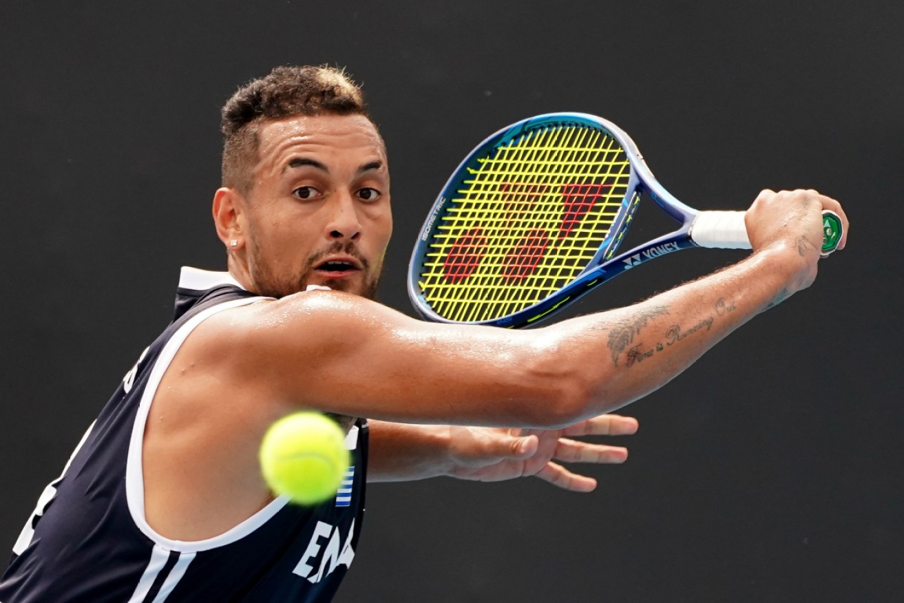 Looking forward: Nick Kyrgios on the Melbourne Park practice courts on Saturday.