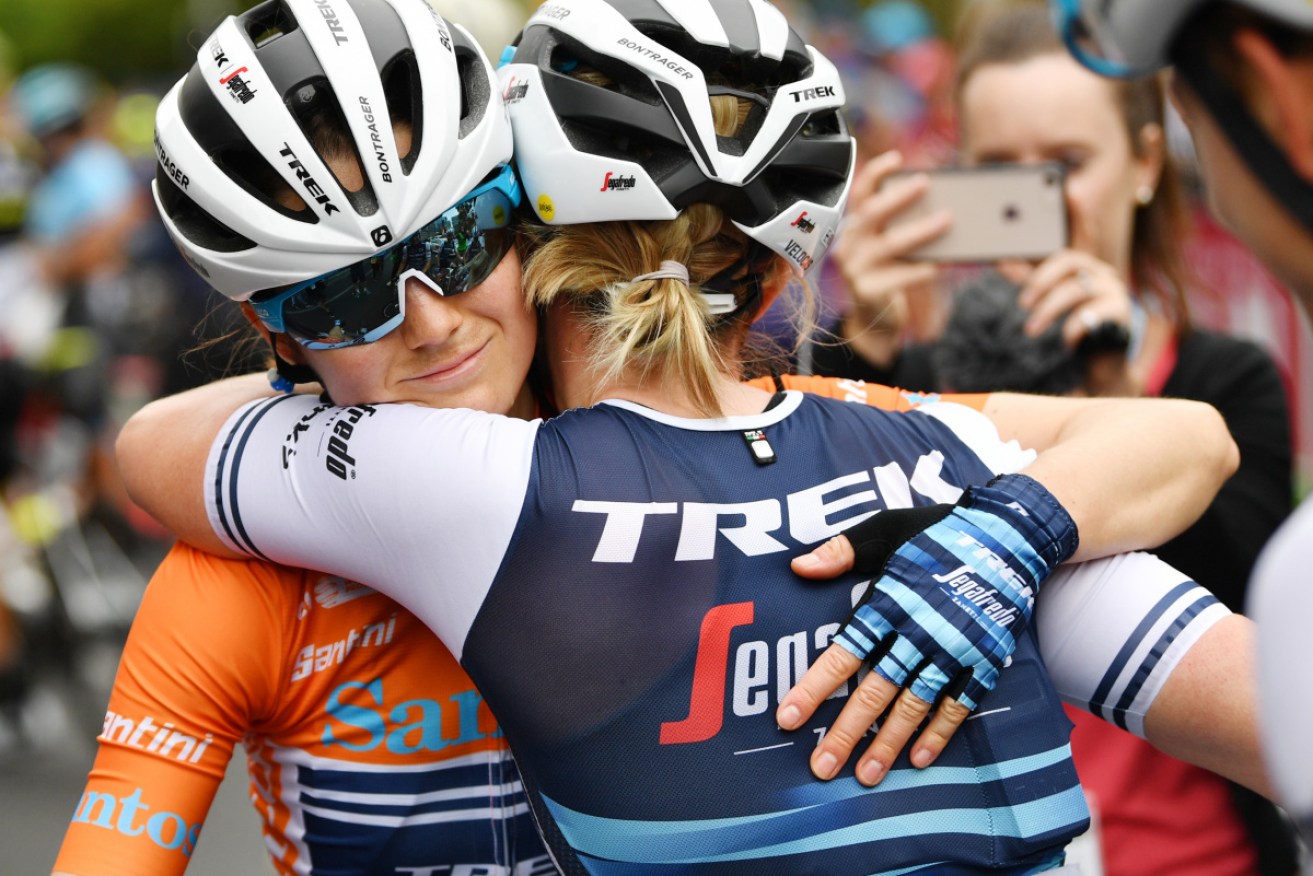 American Ruth Winder is congratulated after winning the Tour Down Under.