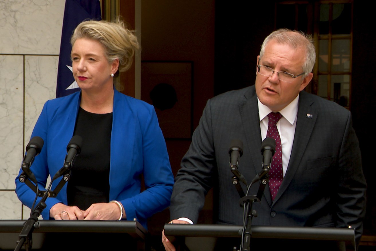 Bridget McKenzie and PM Scott Morrison front the media in Canberra on January 14.