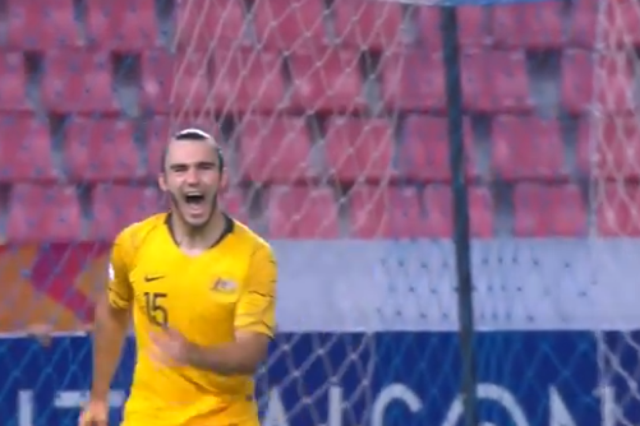 Perth Glory young gun Nick D'Agostino, 21, erupts with joy after putting the Olyroos into the Olympics.