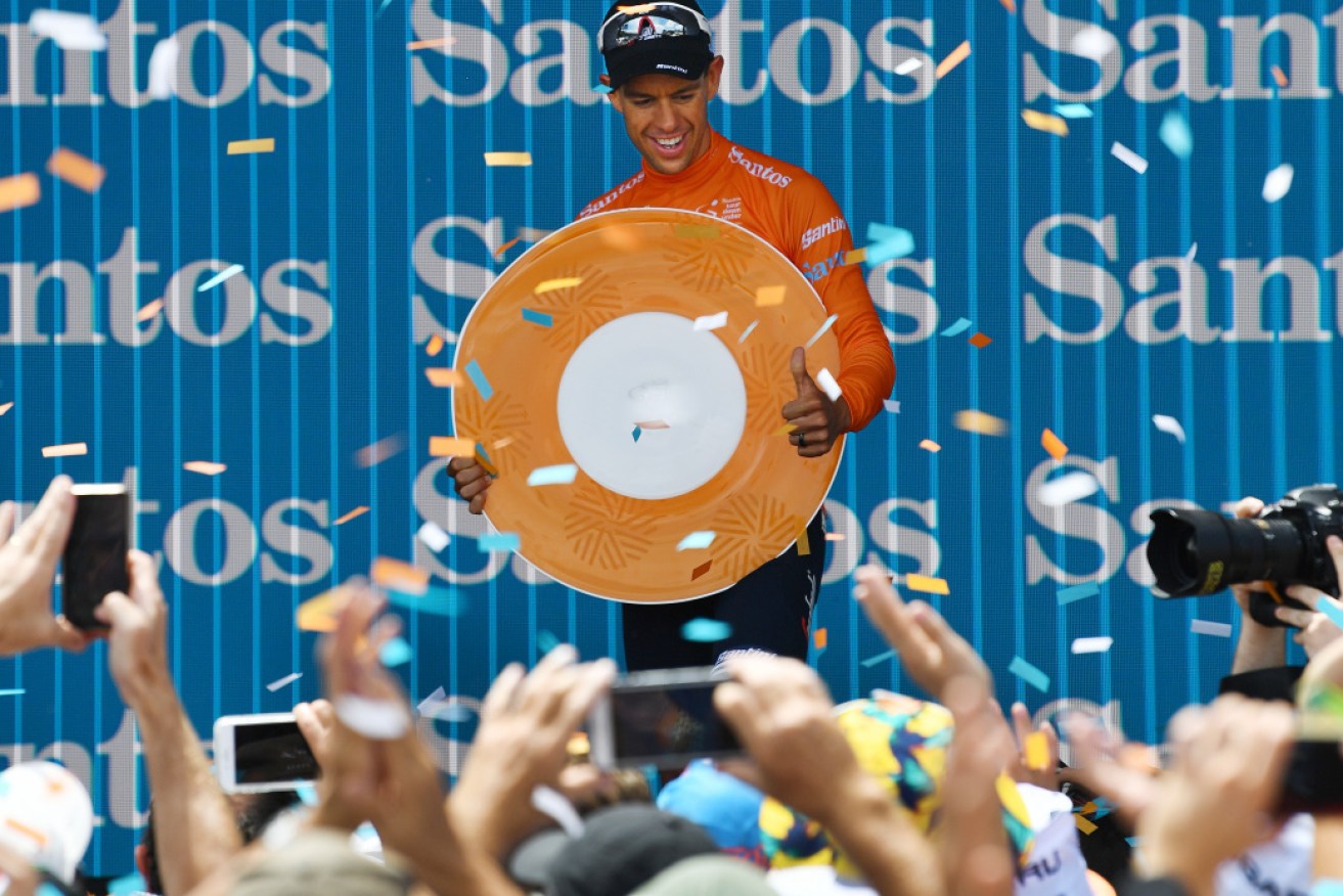 Richie Porte with the spoils of victory in the Tour Down Under on Sunday. 