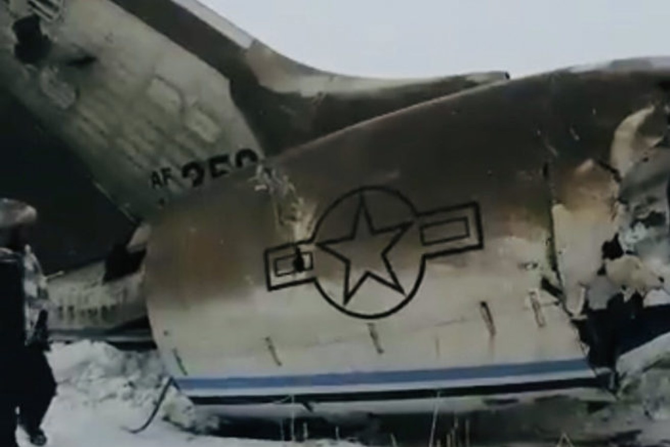 A social media video purports to show the wreckage of the US aircraft in the snow in central Afghanistan.