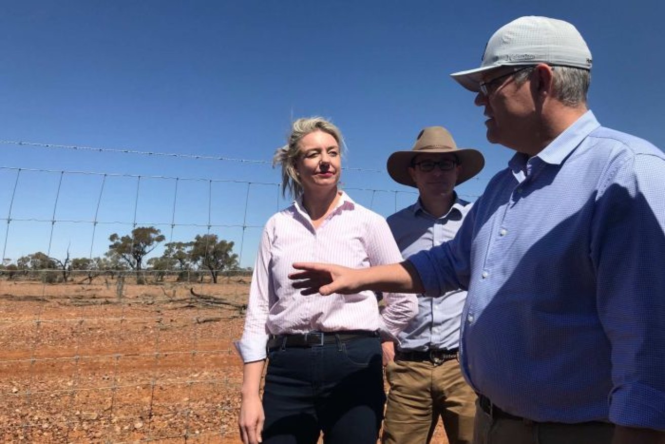 Agriculture Minister Bridget McKenzie with Drought Minister David Littleproud and PM Scott Morrison.
