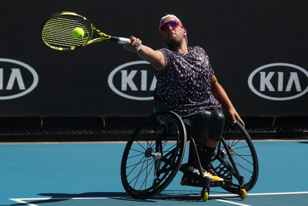 Dylan Alcott during his victory over Andy Lapthorne in the quad wheelchair singles event. 