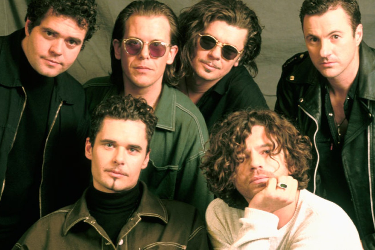 Andrew Farriss (left) with INXS' Jon Farriss, Kirk Pengilly, Tim Farriss, Michael Hutchence and Garry Gary Beers in 1992.