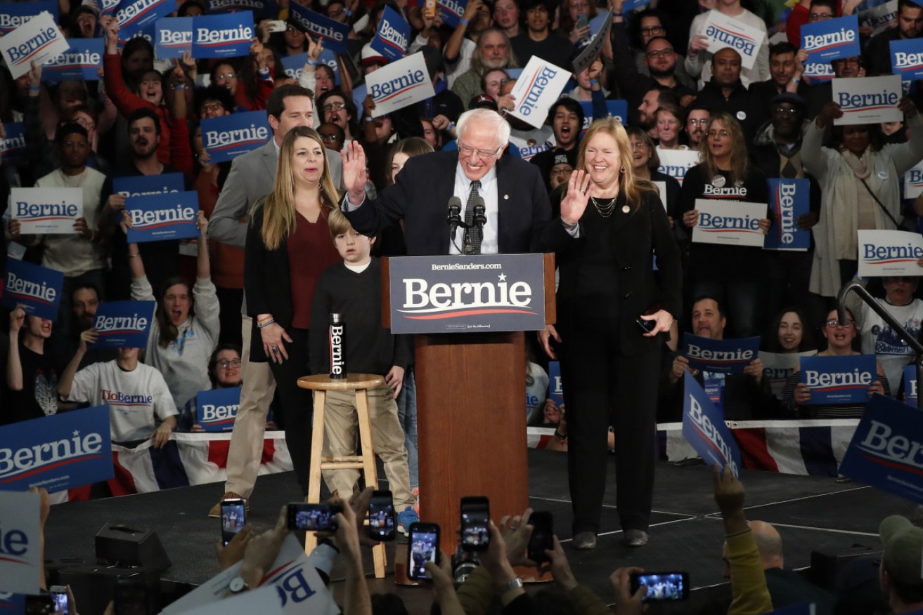 Democratic presidential candidate Bernie Sanders speaks to supporters at a caucus night campaign rally in Des Moines, Iowa.