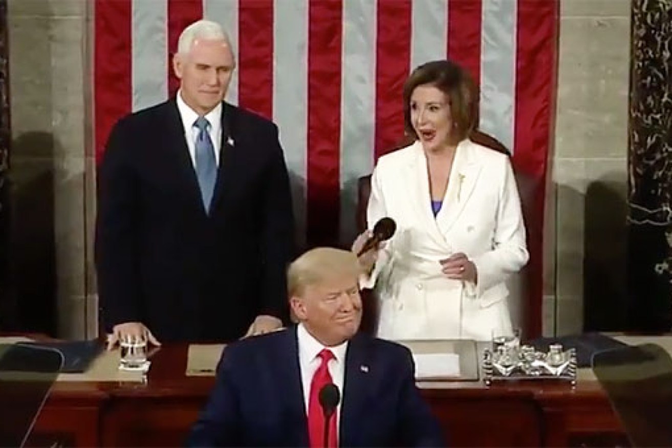 Nancy Pelosi watches on with Vice President Mike Pence, as Donald Trump delivers his State of the Union address.