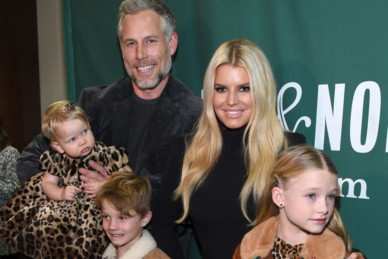 Jessica Simpson and husband Eric Johnson in New York on February 4 with kids (from left) Birdie, Ace and Maxwell.