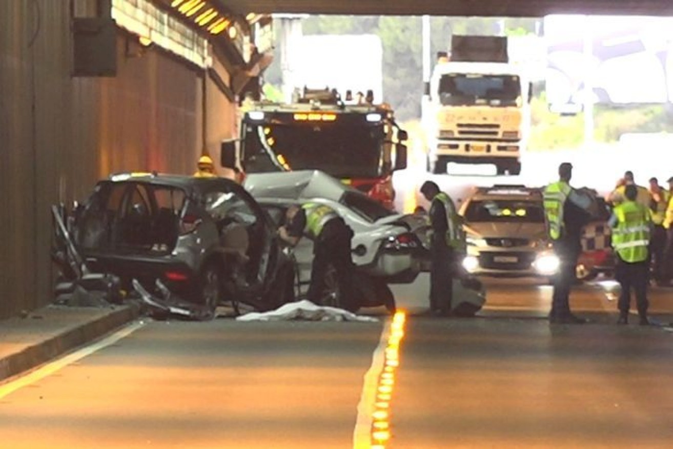 The fatal crash scene in the tunnel on Thursday morning.
