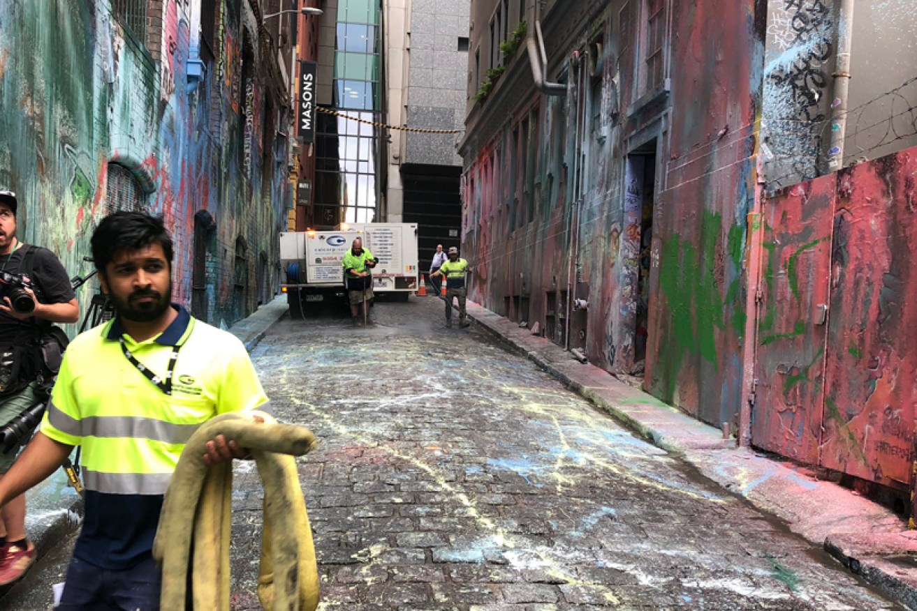 The vandalised Hosier Lane on Monday morning.