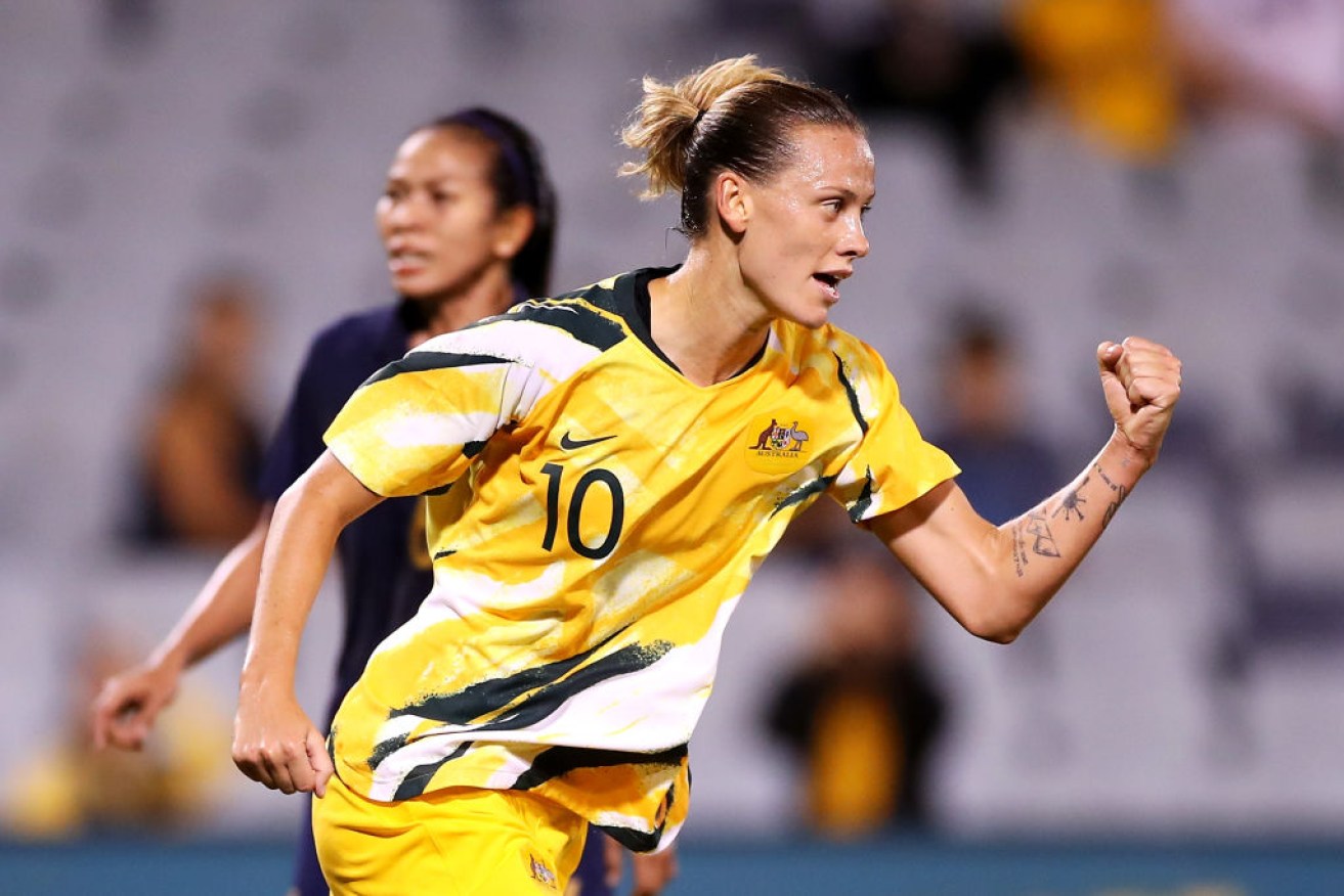Emily van Egmond opens the scoring for the Matildas against Thailand on Monday night.