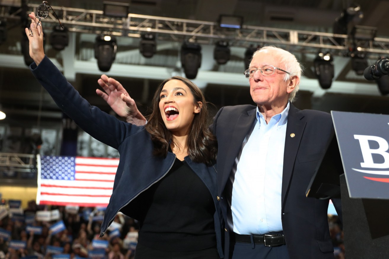 Bernie Sanders with fellow Democrat Alexandria Ocasio-Cortez in New Hampshire.