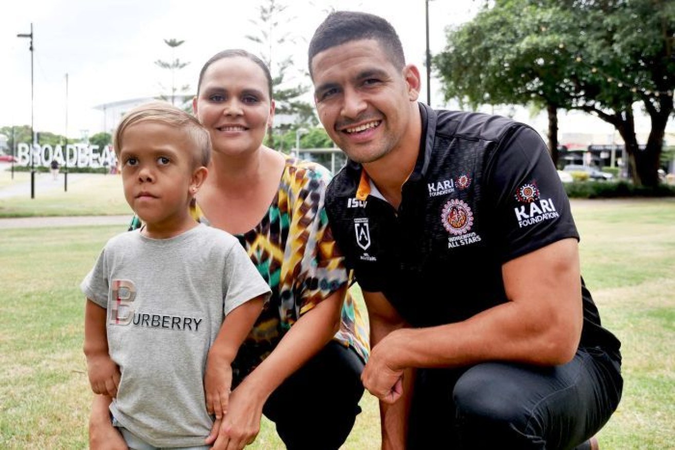 Quaden met with the Indigenous All Stars team including including Rabbitohs player Cody Walker on the Gold Coast.