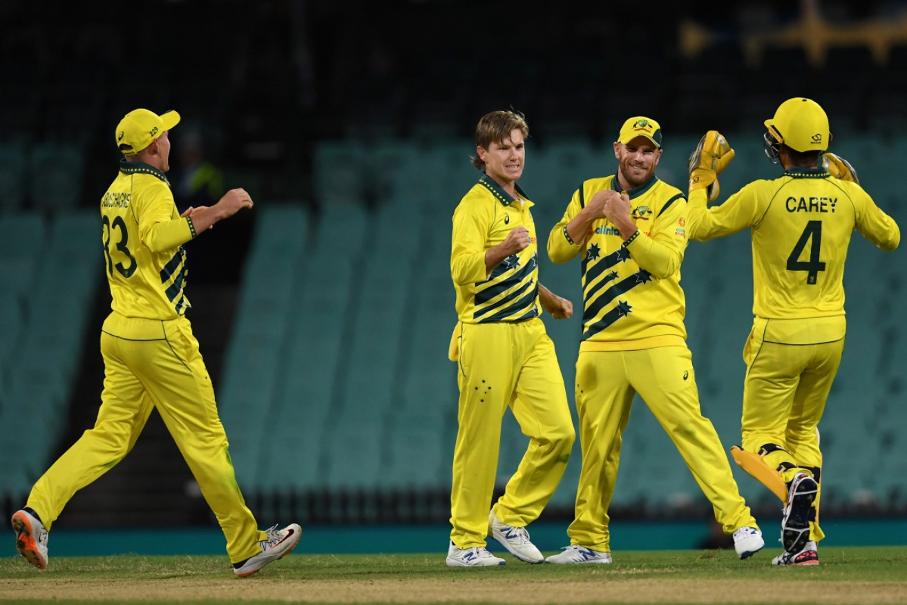 Australia celebrates Adam Zampa's (C) dismissal of Kane Williamson.