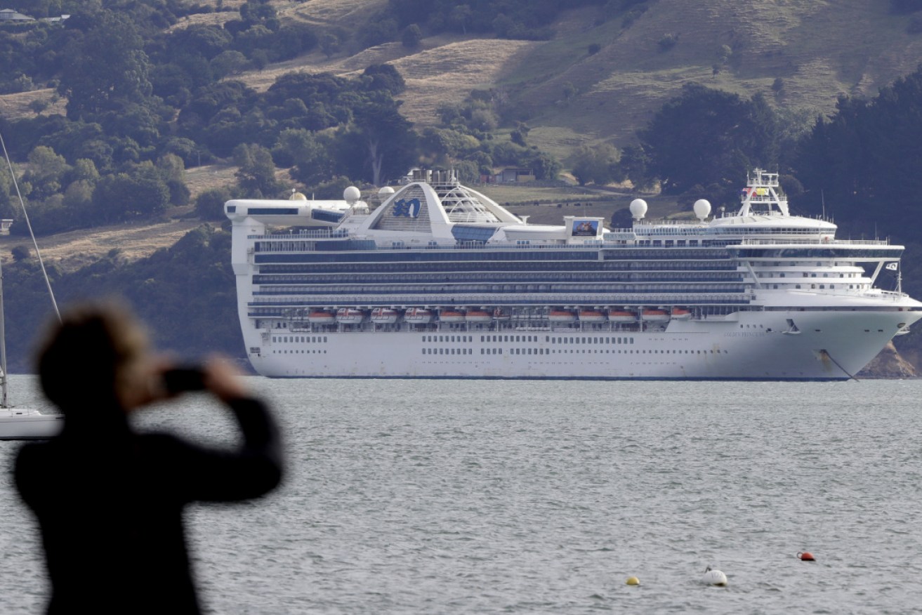 The Golden Princess offshore at Akaroa, near Christchurch, on March 15. It docked in Melbourne on Thursday.